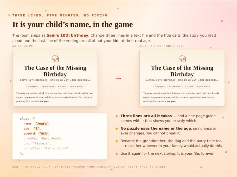 Escape room screen with a child's name and age woven into the puzzle text.
