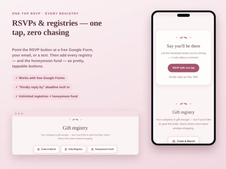 RSVP and registry section of a bridal shower site with a reply form and registry links.