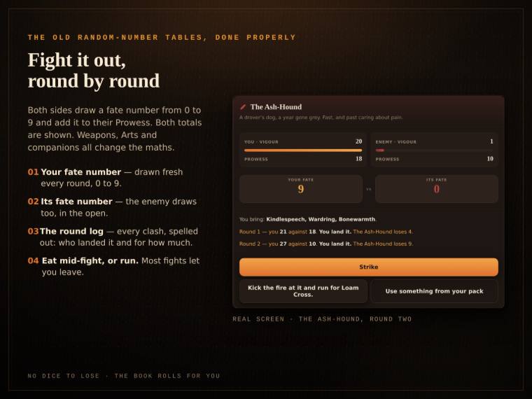 Gamebook combat screen with dice rolls, stamina and skill values and a combat log.