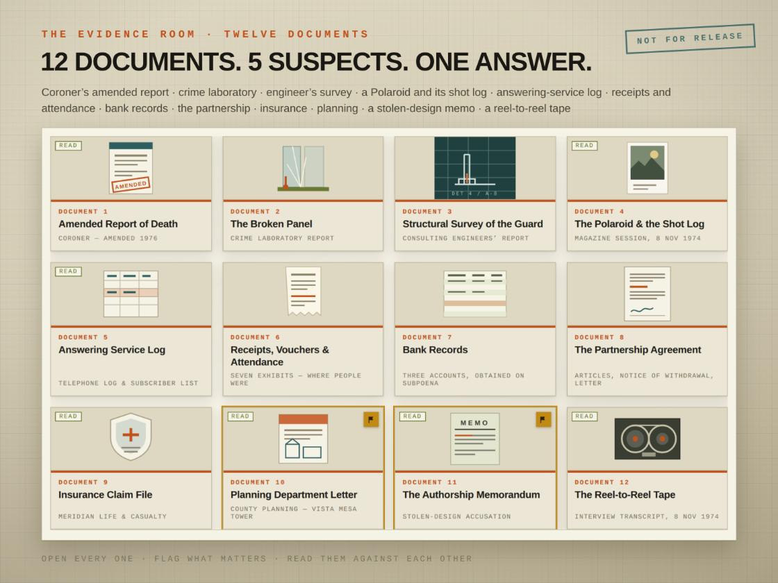 An evidence room screen from a detective game showing twelve document cards in a grid, several marked as read and two flagged.
