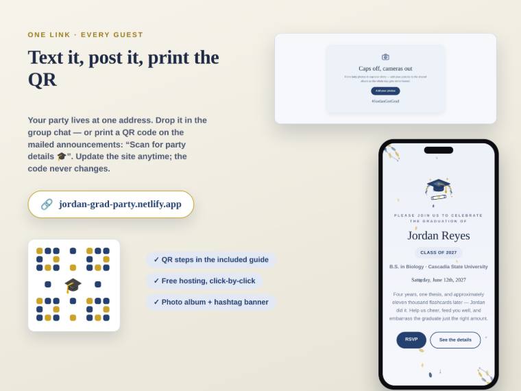Share panel for a graduation party site showing one short web address, a QR code printed on an announcement, and a preview of the site on a phone.