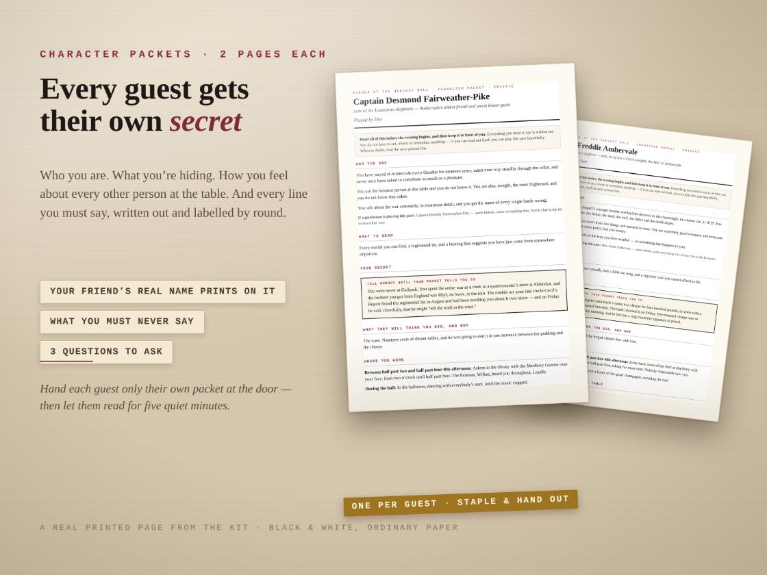 Murder mystery party kit screen showing printable character packets for named guests, each with a role and secret brief.
