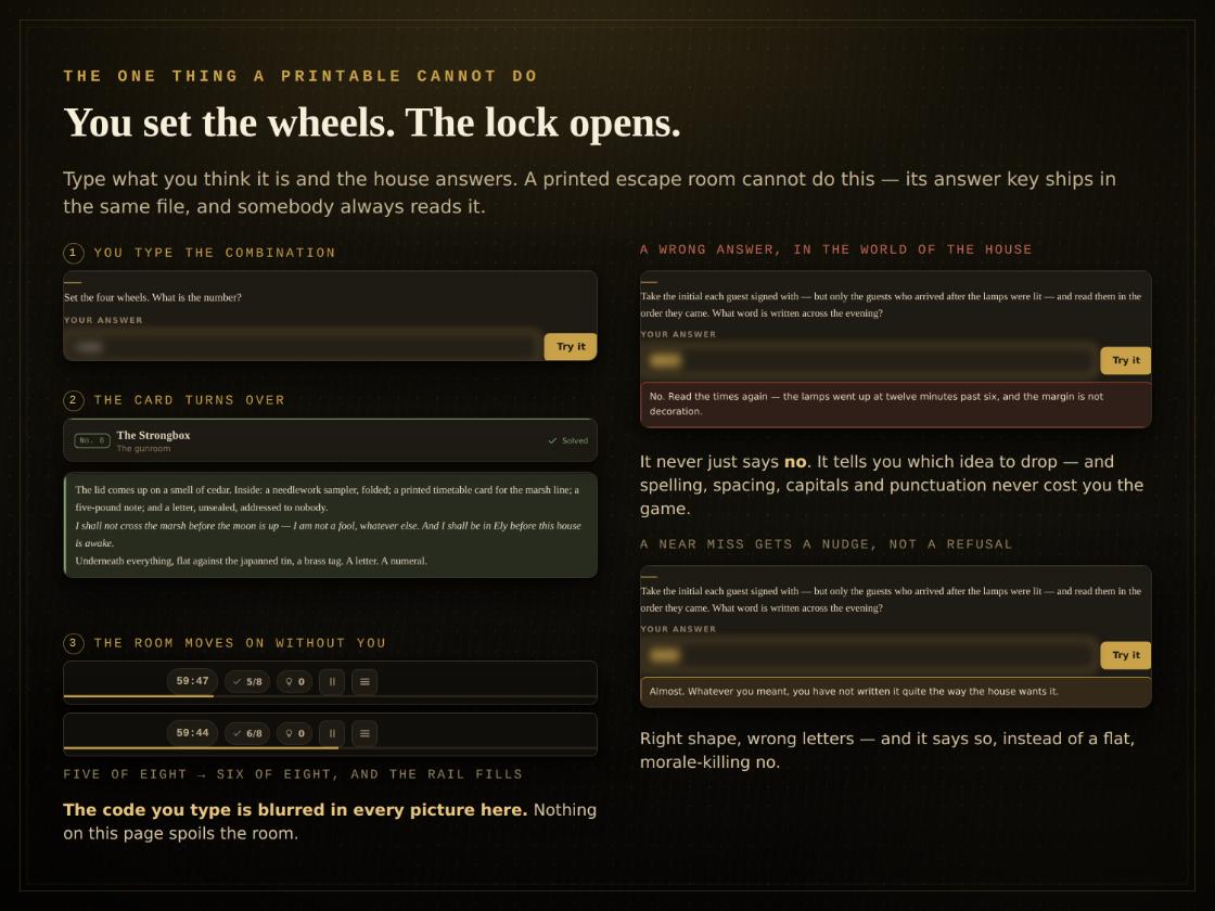 Escape room screens showing an answer box, a wrong-answer response in red, a near-miss response, and the countdown with a solved-puzzle count. Typed answers are blurred.