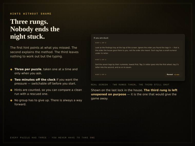 Hint panel showing three progressively more explicit hints, with a time cost shown for taking one.