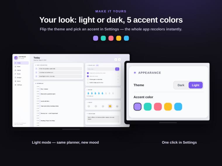 Planner shown in several color themes side by side.