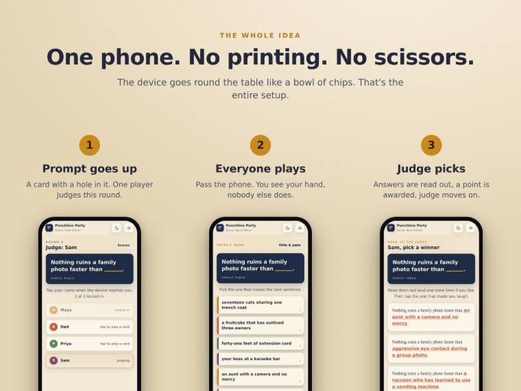 Party game screen designed for passing one phone between players, showing a fill-in-the-blank prompt.