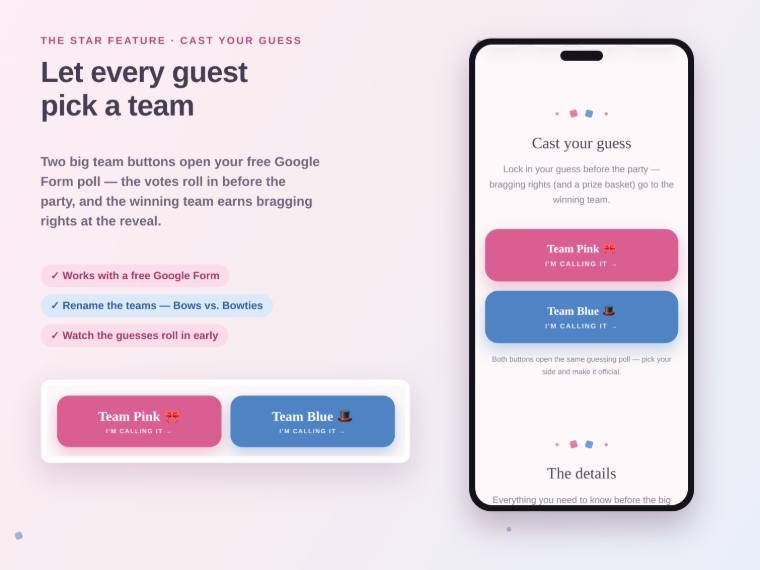 Gender reveal site with two large team voting buttons and a running tally.
