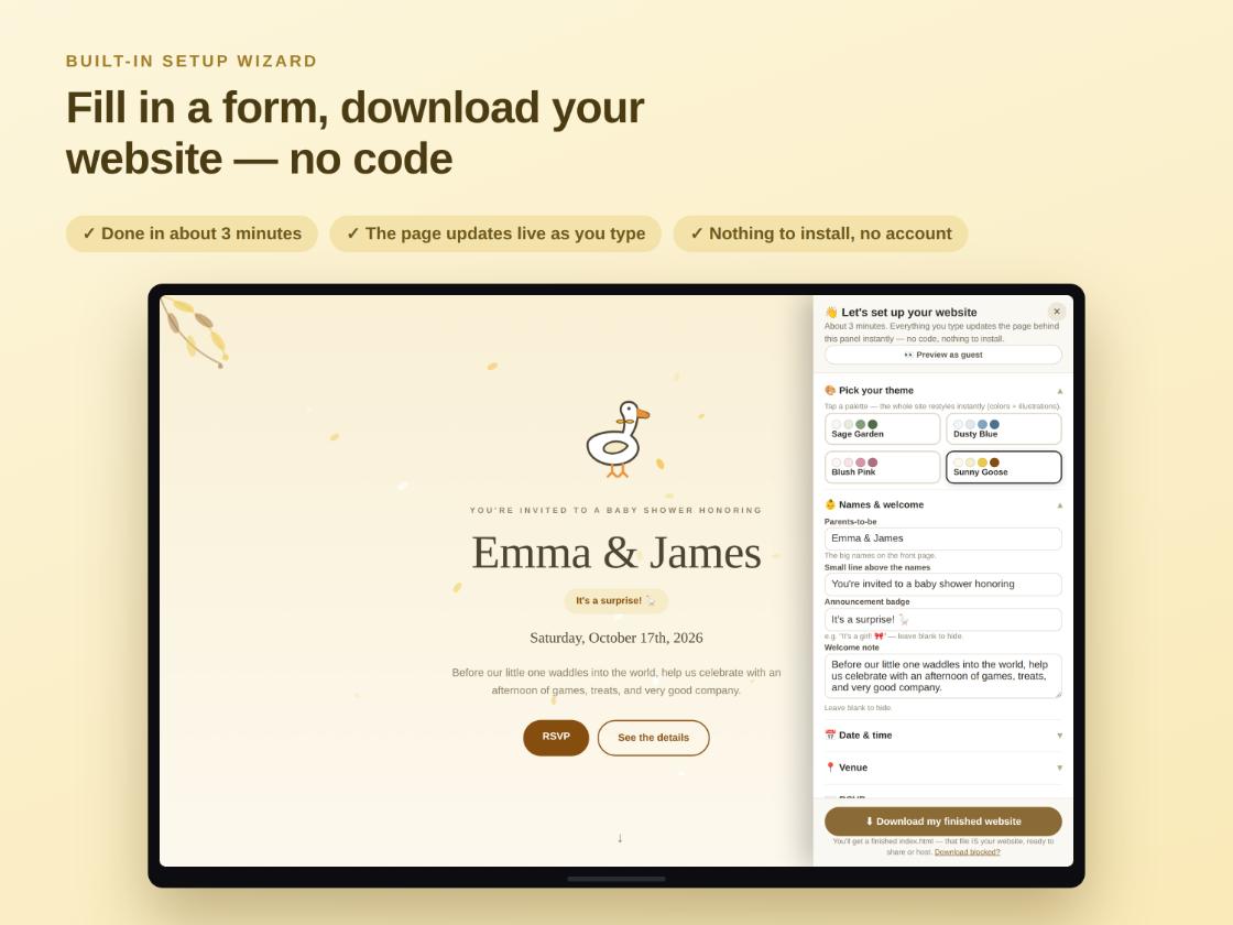 Setup wizard screen with form fields for event name, date, venue and theme, alongside a live preview of the site being built.