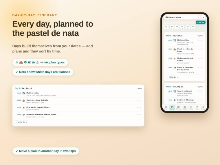 Travel planner day-by-day itinerary with timed entries across several days.