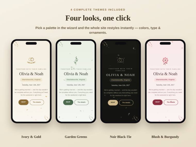 Four theme variations of the same wedding site shown side by side in different palettes.